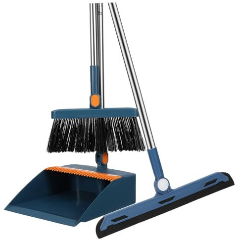 FRCOLOR Blue Cleaning Broom Set Dustpan Compact Folding Design for Home Office