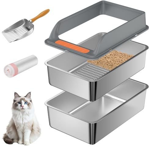 Stainless Steel Sifting Litter Box with Lid, Large Sifting Cat Litter Box for Pine Pellets & Big Cats,Metal Pellet Sifter Litter Pan System for Odor Control,Sifting Box Liners & Scoop