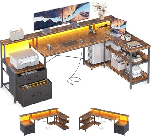 ODK Schreibtisch L Form mit Schubladen, Reversibel Schreibtisch Eckschreibtisch Groß mit LED & Steckdosenleiste, Vintage-Braun 189.3×100cm