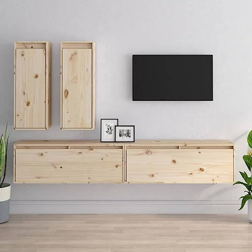 CINDERFUL Meubles TV 4 pcs Bois Massif de pin,Meuble TV Mural en Bois Massif Rangement Pratique et décoratif Meubles TV, Banc TV