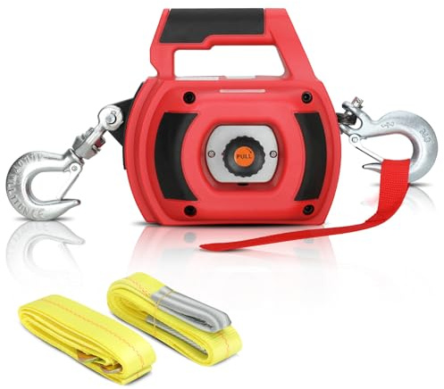 Lonsge Portable Drill Winch of 1500 LB, Red Handheld Drill Winch with 40 Foot Synthetic Rope, Rotate The Hook 360 Degrees, for Lifting & Dragging（Down Strap with D Rings）