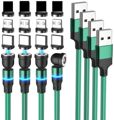 BITHAI Magnetic Charging Cables 4-Pack, 540° Rotating Phone Charger, 3-in-1 Nylon Braided USB Cable for Type C, Micro USB (6.6ft*4)