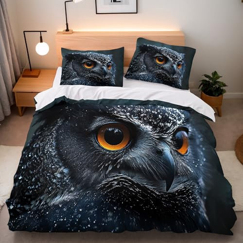 Generisch Bettbezug 155x220 Set Eule Motiv Bettwäsche 155x220 3-teilig Tier 3D Druck Mikrofaser Bettbezügen mit 2 Kissenbezügen 80x80 cm und Reißverschluss Eckbänder