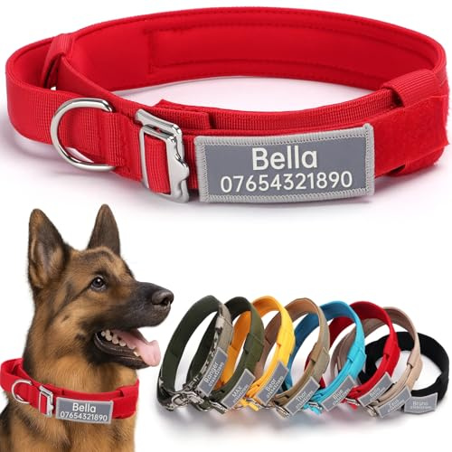 SEOUGEE Tactical Dog Collar Personalised with Handle, Soft Padded Dog Collars with Custom Reflective Name Patch, Adjustable Collars with Portable Buckle for Medium Large Dogs Training (Red, XL)