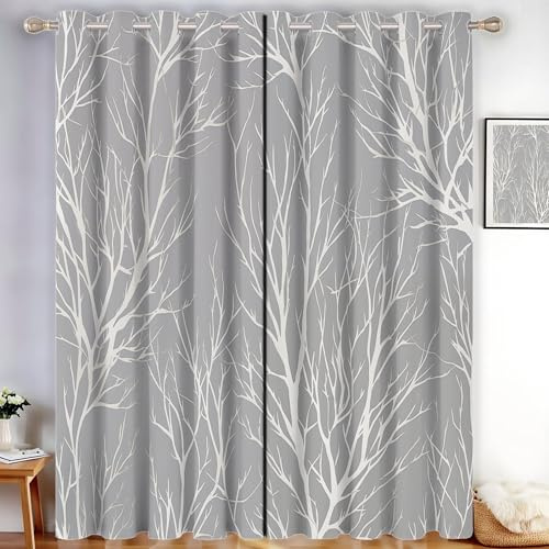 Blickdichte Vorhänge mit Ösen Baumschatten Aus Silberfolie 2er Set Abstrakte Äste Design Thermovorhänge Verdunklung für Schlafzimmer & Wohnzimmer, H245 x B140 cm, Silbergrau