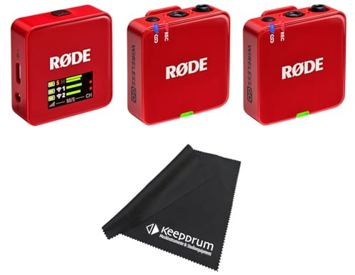 Rode Wireless GO Gen 3 Drahtloses 2-Kanal Mikrofon-Funksystem Rot mit keepdrum Mikrofasertuch