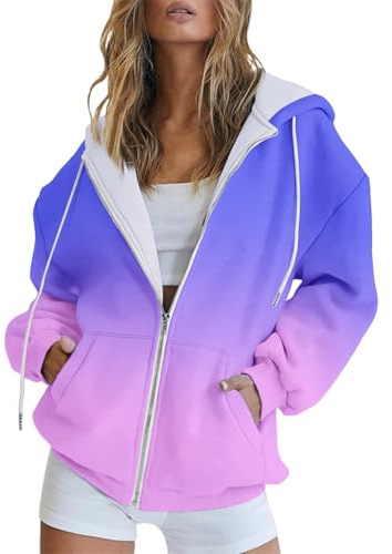 Women's Gradient Hooded Zip-Up Sweatshirt - Soft Stretchy Zip Hoodie with Pockets, Casual Everyday Wear​ (08,4XL)