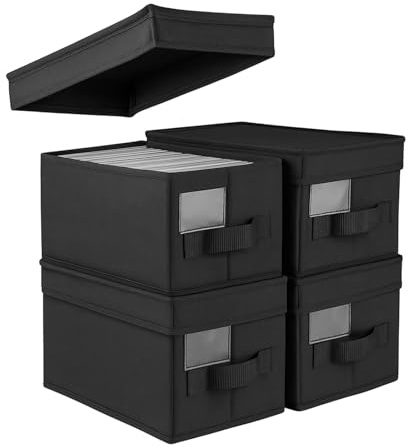 WinHUb CD Storage Boxes Set of 4, Foldable CD DVD Organiser with Lids 35x17x14cm, Holds 30 CDs Full Case, 60 Slim Case or 165 Sleeves, Stackable Fabric Disc Storage Bins with Handles for Home Office