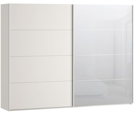 Forte SOPHISTISPACE Kleiderschrank 270, moderner Schwebetürenschrank, 2-türig, Einlegeböden, Kleiderstangen, Spiegel, Holzwerkstoff, Kaschmir|Beige, 269,8 cm breit x 210,5 cm hoch x 62,9 cm tief