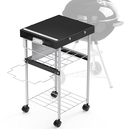Grill Table Cart for Weber 22 inch Kettle 18in Charcoal Camping Carts for Blackstone 17 inch Griddle Accessories Outdoor Grillling Side Tables Freestanding Barbecue Shelves with Wheels Storage