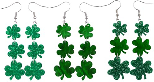 WANDIC 3 Paar St. Patrick's Day Kleeblatt Lange Ohrringe, Glitzer Grün Acryl Kleeblatt Viel Glück Ohrringe Saint Patrick Zubehör für Frauen