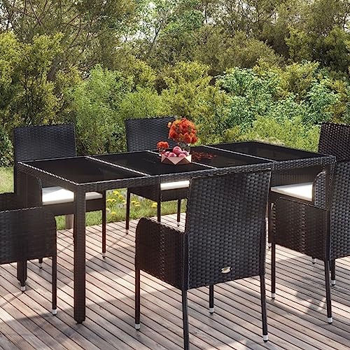 Owoxanthellate Table de jardin extensible 190 x 90 x 75 cm en rotin PE noir avec plateau en verre trempé Design moderne Construction en métal robuste pour balcon, terrasse, extérieur, salle à manger