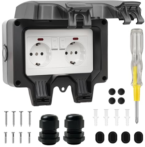 Aussensteckdose Wasserdicht IP66 Outdoor Steckdose mit Schalter Kontrollleuchte, 3680W Wetterfest Außensteckdose Aufputz Wand Garten Steckdose mit Klappdeckel inklusive Gärten Schwimmbad Aussenbereich