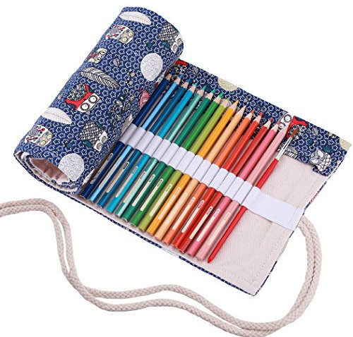 Amoyie Roll Up Pencil Case, Foldable Colouring Pencils Holder 48 Slots, Coloured Pen Storage Bag Canvas, Artist Pens Organiser Wrap, Blue Owl