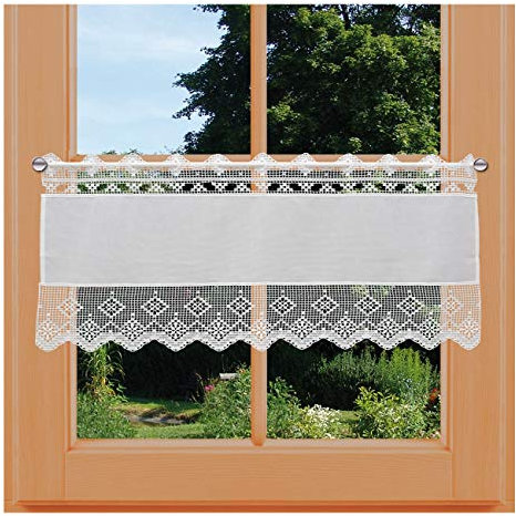 Landhaus-Scheibenhänger Erika Vogtländische Spitze Scheibengardine mit Häkelmuster-Optik Kurzgardine in Natur | klassisch-rustikale Spitzengardine | gesticktes Panneaux Höhe x Breite 45 x 96 cm
