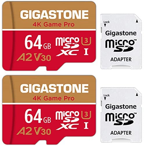 Gigastone 4K Game Pro 64GB MicroSDXC Speicherkarte 2er-Pack und SD-Adapter mit A2 App-Leistung bis zu 95MB/s für 4K Videoaufnahme, Kompatibel mit Switch, Micro SD Karte UHS-I U3 V30 Klasse 10