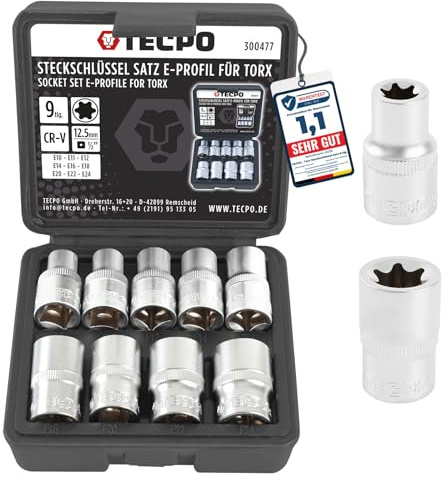 TECPO Torx Steckschlüssel Satz 9-tlg. Außentorx E10-E24 Stecknüsse E-Profil Set 1/2 Zoll Außen Nüsse Steckschlüsseleinsätze