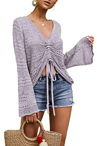 Saodimallsu Damen Boho Off Shoulder Tops Flowy Oversized Langarm Oberteil V-Ausschnitt Crochet Sexy Tie Front Rüschen Shirts Helllila