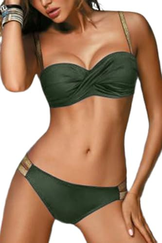 JFAN Traje de Baño de Mujer Cinturón Dorado Acolchado Bra Tops de Bikini Conjunto de Bikini de Color Liso Push Up Swimwear Dos Piezas Trajes de Baño Divididos(Verde,XL)