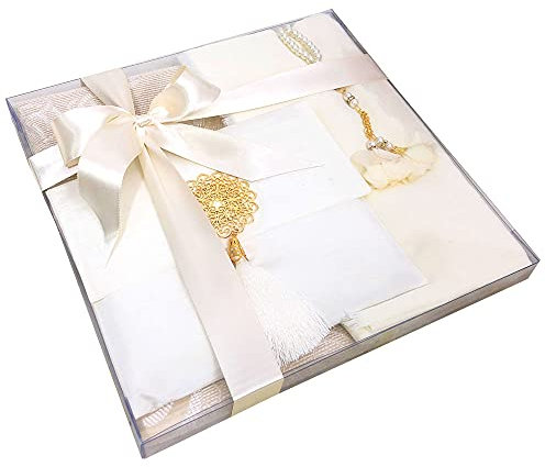 Ilm Verlag Geschenkbox Set für islamische Anlässe mit Gebetsteppich, Tesbih, Kopftuch, Pouch und Buch mit ausgewählten Koransuren (Cremeweiß)