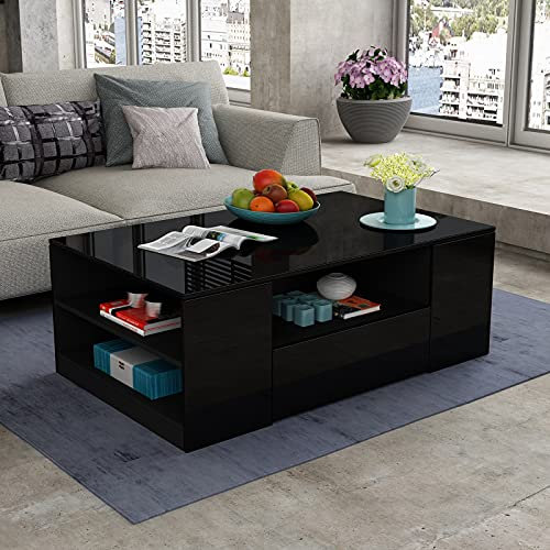 AWOOOD Coffee Table for Living Room,Side Table Modern Wooden Centre Table,Gloss Coffee Tables for Home (Black Table)