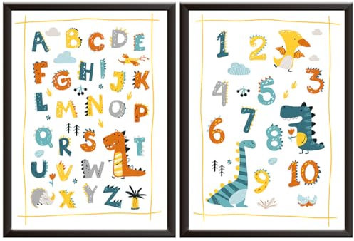 Hey Chimp Dinosaurier-Poster & Alphabet-Diagramm – Kleine Jungen lernen Zahlen & Buchstaben – ABC-Poster – niedliche Dinosaurier-Schlafzimmer-Accessoires & Lernposter für Kleinkinder ungerahmt