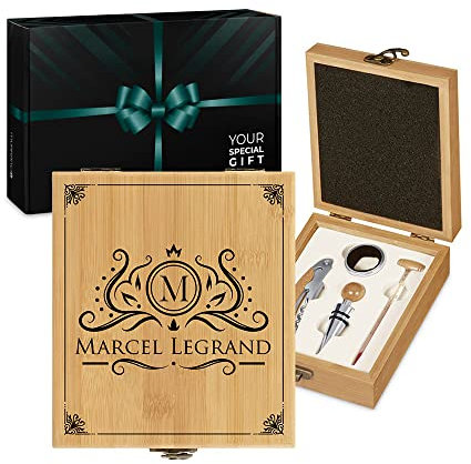 Maverton Coffret du sommelier - Cadeau d'accessoires pour le vin - Set sommelier personnalisé - Cadeau Noel - Pour homme - Coffret gravé pour lui - nom