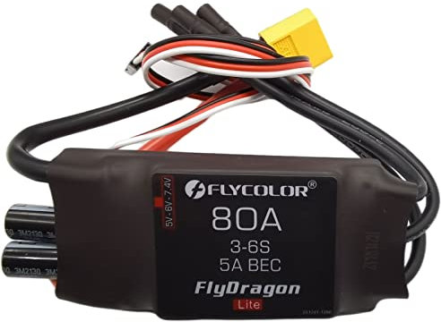 Flycolor 80A ESC 3-6S Elektrischer Geschwindigkeitsregler 5 V/6 V/7,4 V 5A BEC mit XT60 & 3,5mm Bullet Plugs für RC Drohne Flugzeug Bürstenlose Motoren