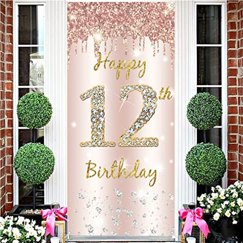12. Geburtstag Mädchen Deko, Zwölfter Geburtstag Türdekoration Roségold, Stoff Schild Durch Hängendes Plakat, 12. Geburtstag Hintergrund Banner Party Willkommensschild