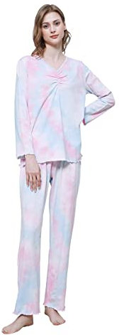 OCCIENTEC Pigiama da Donna con Stampa Tie Dye Pigiama in Due Pezzi Top a Maniche Lunghe e Pantaloni Lunghi, M
