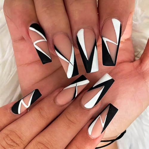 Brishow Nägel zum Aufkleben Rosa Künstliche Nägel lang Press on Nails mit Geometrie Ballerina Acryl Fingernägel Kunstnägel 24 Stück für Frauen und Mädchen