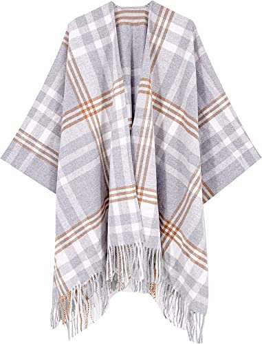 HIKARO Damen Winter Poncho Cape Warm Schal Wrap Open Front Printed Quaste Blanket Cardigans