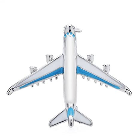 Anstecknadel mit Flugzeug aus Stahl, silberfarben, weiß und blau., Metall