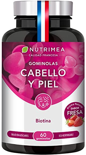 Gominolas para el Pelo y Uñas - Fortalece Cabello - Calidad de la piel - Con Biotina Zinc y Vitamina C - Sabor Fresa - 60 Gummies Veganas bajas en Azúcar - Fabricadas en Francia - Nutrimea
