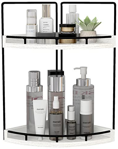 Dorhors 2-stöckiger Eck-Badezimmer-Theken-Organizer, Badezimmer-Theken-Tablett und Schmink-Organizer, Make-up- und Kosmetik-Aufbewahrungs-Organizer, Kommode, rustikales Weiß