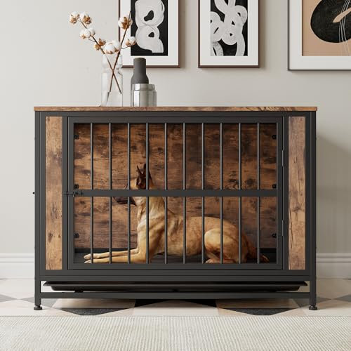 HOJINLINERO Hundekäfig Möbel,Holz Hundebox für Zuhause,Moderne Hundehütte Indoor im Türen und abnehmbarem Tablett,Hochbelastbar Beistelltisch für große mittelgroße Hunde, 99x65x69 cm,Schwarz & Braun