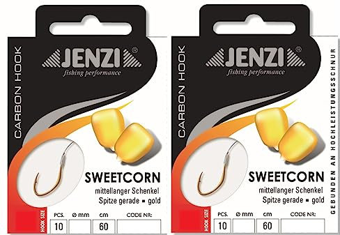 blntackle76 Set: 2 Packungen gebundene Mais-Haken Karpfen von Jenzi, Allroundhaken,(20 Stück) an Mono Schnur 60cm Hakengröße 6, 8, 10, 12 Vorfach fertig + gratis Petri Heil! Aufkleber (Hakengröße 10)
