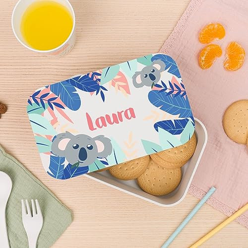 Wanapix | Fiambrera Personalizada Infantil | Lunch Box con Nombre | Caja Merienda Colegio/Guardería | Comida/Almuerzo | Con Cubiertos | Sin BPA | 1 Litro| Koala