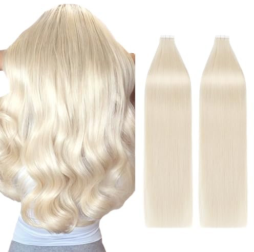 Silk-co Tape in Hair Extensions Silky Soft Real Human Hair #70 Bleach White -Skin Weft- Remy Long Straight Hair Extension With Glue Straight (20inch, 40 pcs, 100g/set)