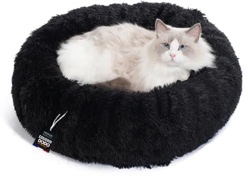 One PETS-TOP® Katzenbett [mit waschbarem Bezug] - Hundebett, Hundekissen kleine Hunde, Hundekorb, Hundekörbchen, Cat Bed, Langer Plüsch, 50 cm Durchmesser Schwarz