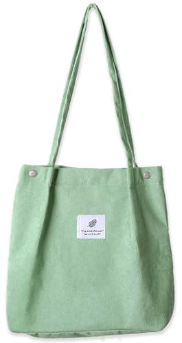 Bikasun Cord Umhängetasche Damen, Groß Schultertasche Cord Tasche Lässige Tote Bag Handtasche, Strandtasche Shopper Einkaufstasche, Stofftasche für Alltag, Büro, Schulausflug, Hellgrün