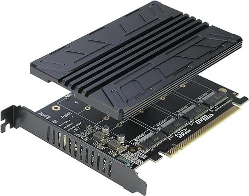 Quad NVMe PCIe Adapter, RIITOP 4-Port NVMe auf PCI-e Express 4.0/3.0 x16 Erweiterte Controller-Karte mit Kühlkörper für M-Key M.2 NVMe SSD (PCI-e Bifurkation erforderlich)