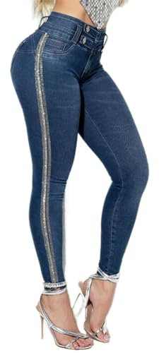 Flamingals Damen Skinny Jeans mit Pailletten und Strass-Dekor, zwei Knöpfen, hohe Taille, Freizeithose, Dunkelblau, M
