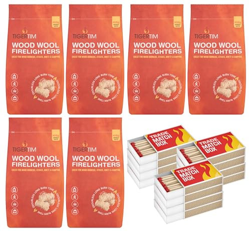 Tiger Tim Wood Wool Firelighters with Trade Match Box-Sustainably Sourced Natural Wool Wood Fire Starters for Fire Places, Pizza Ovens, Stoves & BBQ's-32 Long Burning Odourless Fire Lighter- (6 Pack)