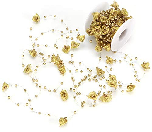 10m/32,8ft Perlen Girlande, Rose Künstliche Perle Draht Perlen Garland String DIY Hochzeit Dekoration, Faux Kristall Perlen, Künstliche Rose Blumen Perlen String Perlen Kette für DIY Craft(Gold)