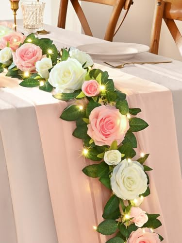 Elyum 4Pcs Artificial Flower Garland with 39.2Ft Lights, 26.4Ft Pink & White Fake Flowers Rose Garland Hanging Vines for Wedding Decor Party Baby Shower Background Arch Garden Decor