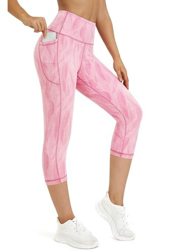 Rexspek Pantalon de sport 3/4 pour femme avec poche, legging opaque, pantalon de sport, pantalon de jogging, legging taille haute, pantalon de fitness, Rose/imprimé, L
