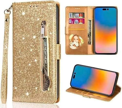Beajew Handyhülle für iPhone 6/iPhone 6S, Reißverschluss Hülle PU Leder Weiche Klapphülle Magnetverschluss Kartenfach Standfunktion Geldbörse Trageband Schutzhülle-Bling Golden