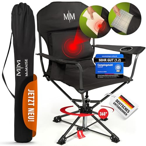 McMAISE® Campingstuhl faltbar XL schwarz bis 150 kg mit Rückentasche für Wärmflasche 360° drehbar