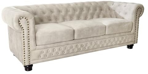 Riess Ambiente Chesterfield 3er Sofa 200cm Samt Champagner beige 3-Sitzer mit Knopfheftung und Federkern Couch Samtcouch Samtsofa Wohnzimmer gepolstert